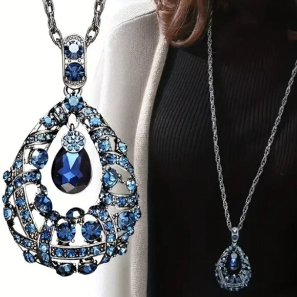 Elegant Vintage Teardrop Lab Created Sapphire Blue Cubic Zirconia Necklace - Picture 3 of 4